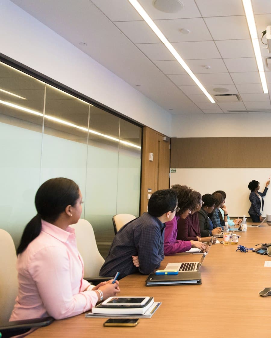 A leadership team in discussion around a boardroom table