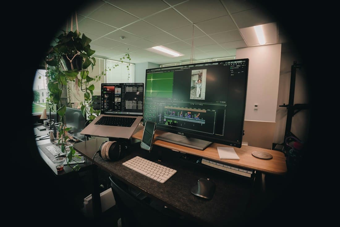 A multi-monitor workstation running translation tooling